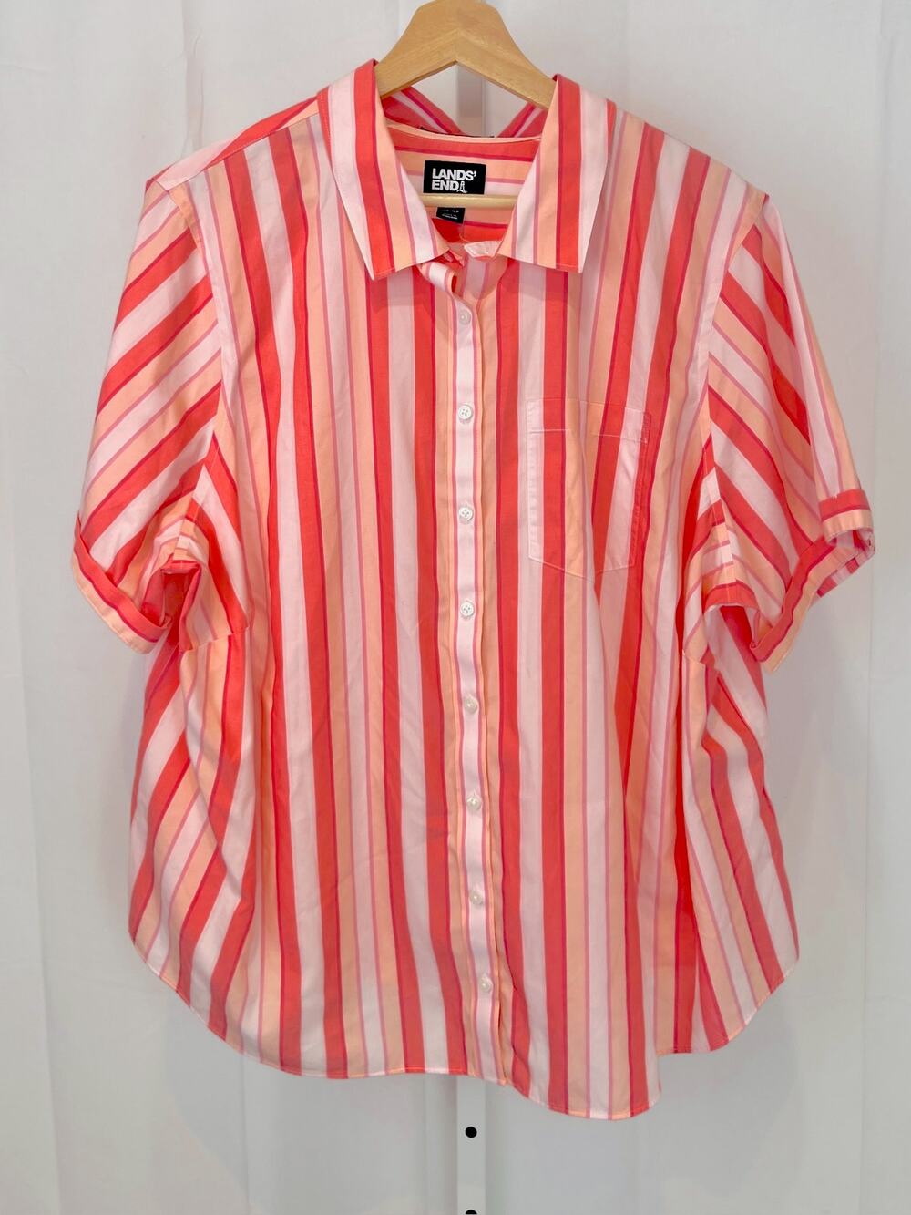LANDS' END No iron Striped Button Down Shirt Short Sleeve Pink Orange 1X Plus